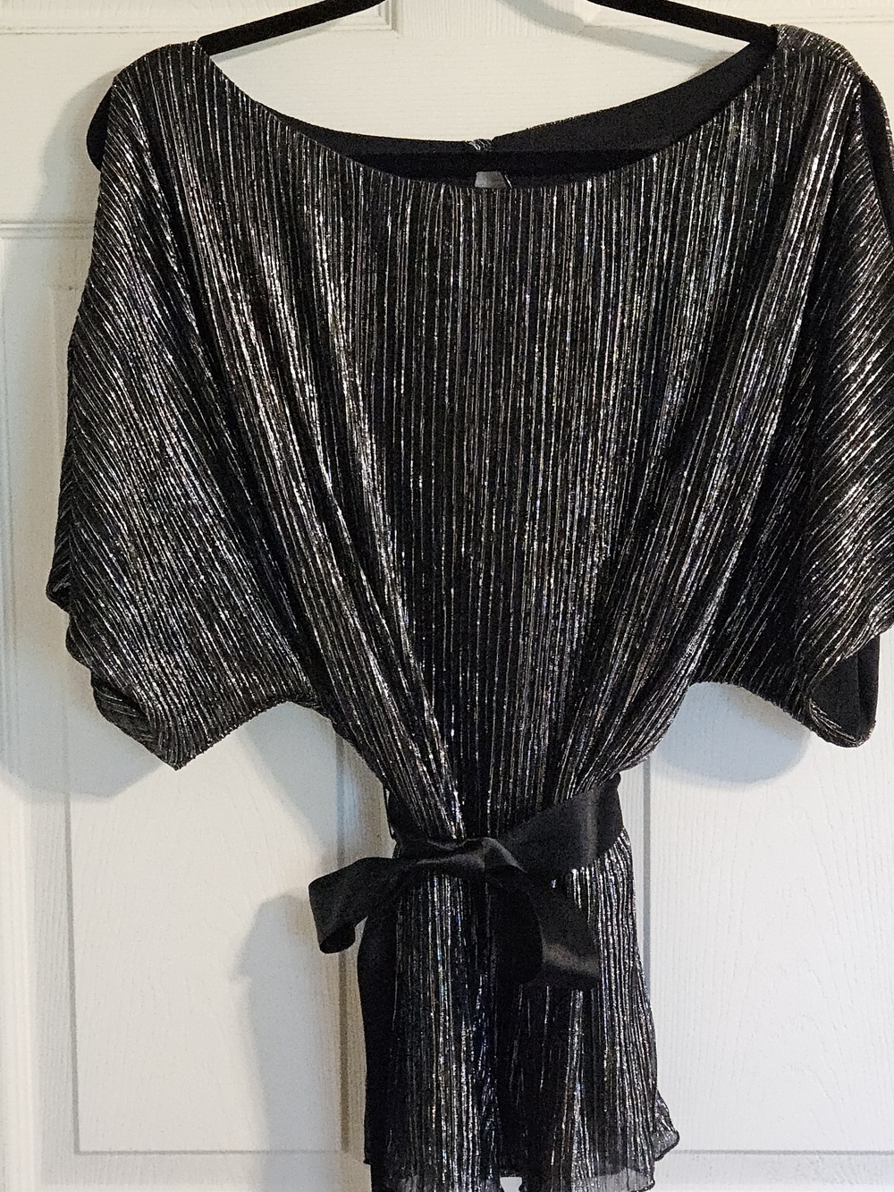 connected apparel Black Metallic Pleated Blouse with Bow